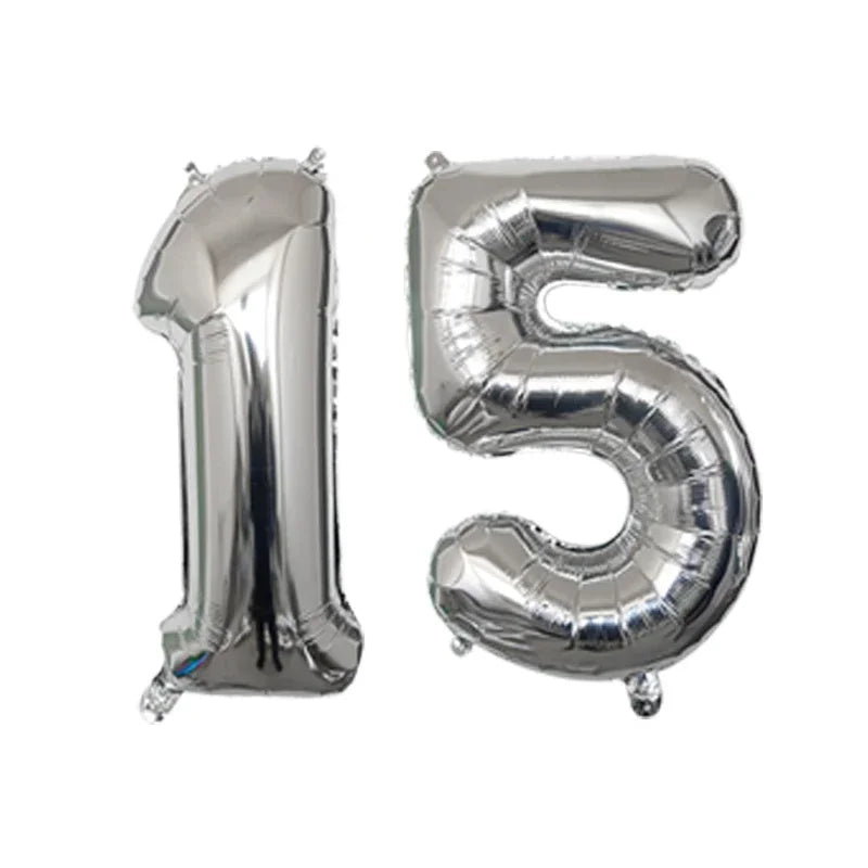 Silver foil number balloons spelling out fifteen