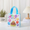 A set of festive blue and pink non-woven gift tote bags featuring birthday and holiday prints.