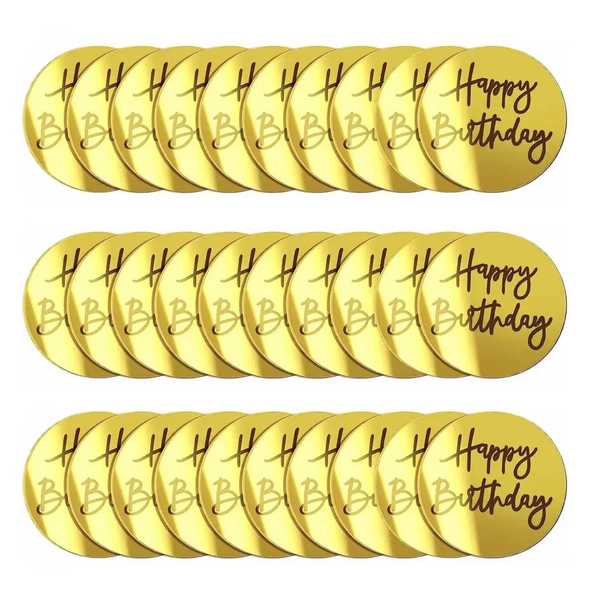 A set of gold mirror acrylic happy birthday cake toppers, featuring the letter H and the words Happy Birthday.
