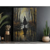 Canvas wall art depicting a dark witch silhouette standing in a misty, golden forest path.