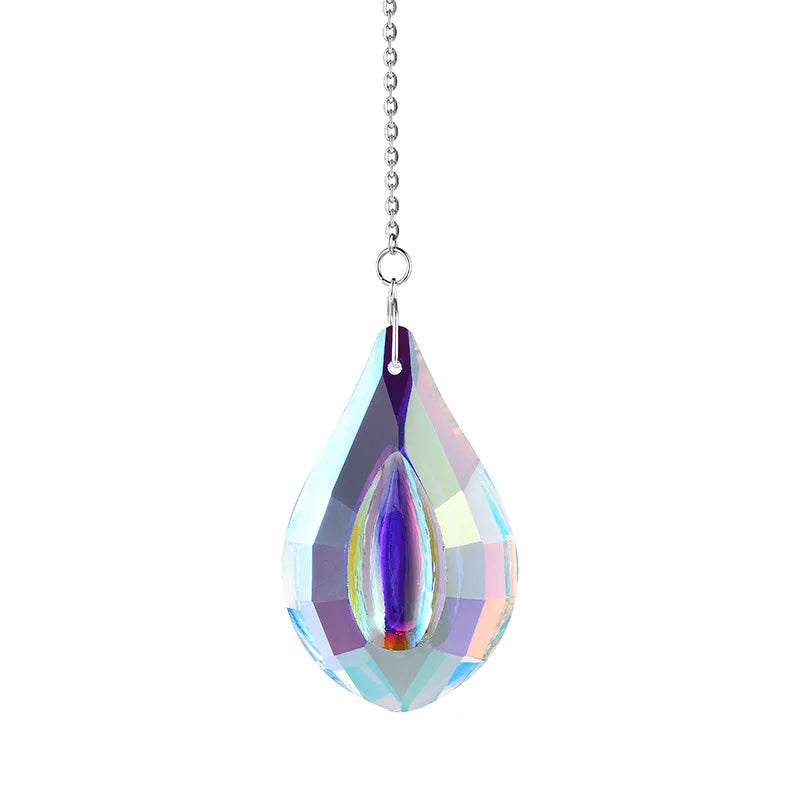 A hanging crystal wind chime with a faceted, teardrop-shaped glass pendant.