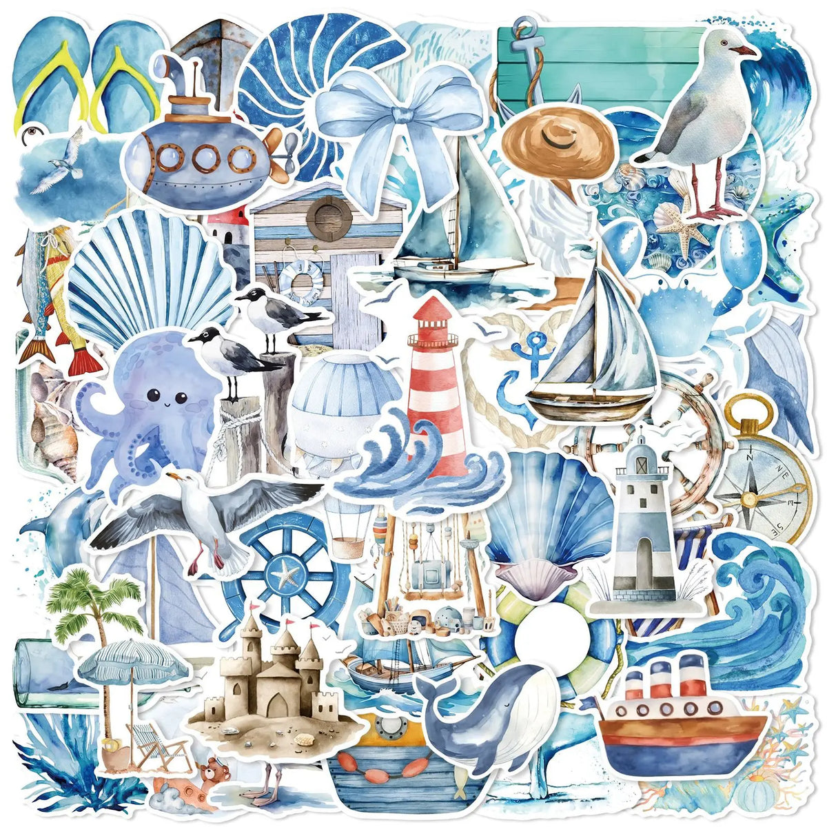 A collection of aesthetic ocean life stickers featuring sea creatures, boats, and marine elements for DIY crafts.