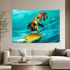 A vibrant tapestry featuring a movie-inspired depiction of a rooster or chicken in flight against a blue sea background.