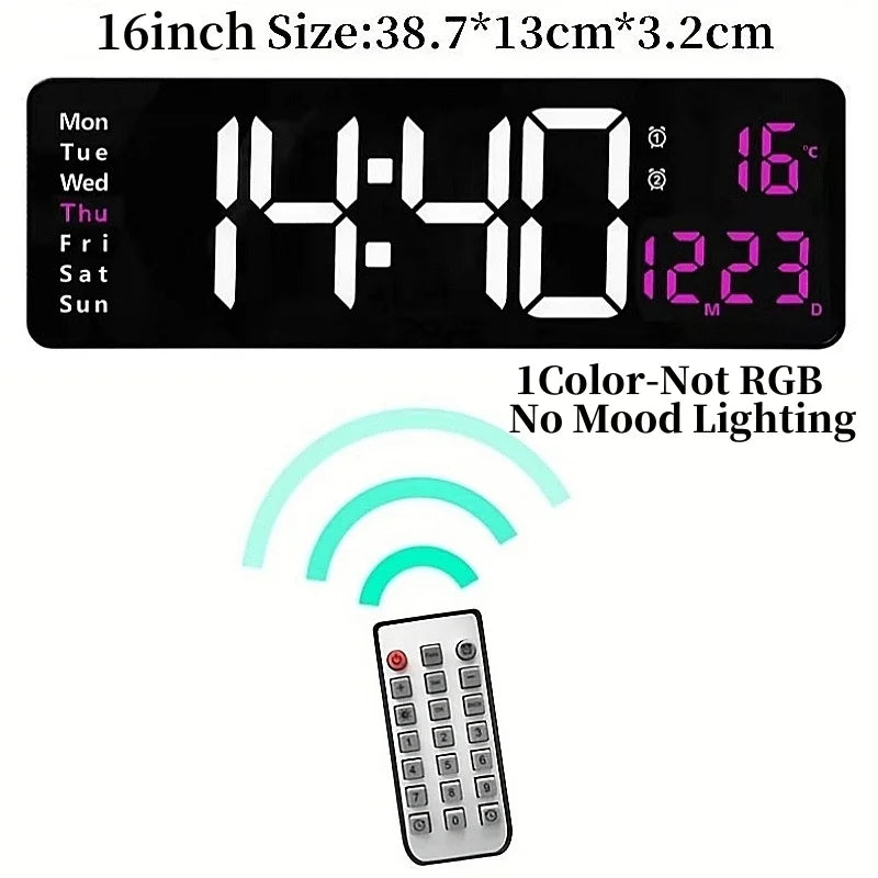 A digital wall clock displaying the time 14:40, temperature 16°C, and a remote control.