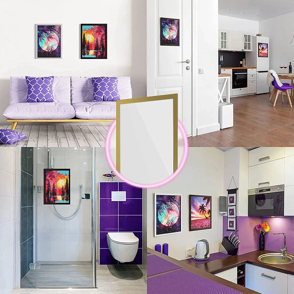 Interior view showing magnetic poster display frames on a wall and a modern toilet area.
