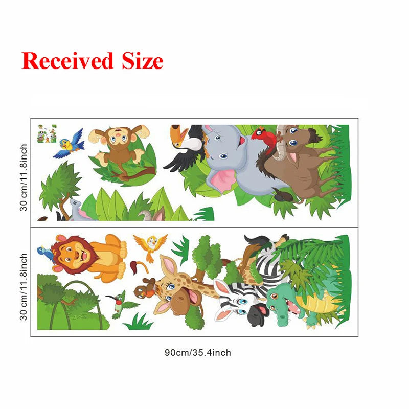 Vergleich der Größe von Waldtiermotiv-Wandstickern, mit angegebenen Maßen für beide Größen.
