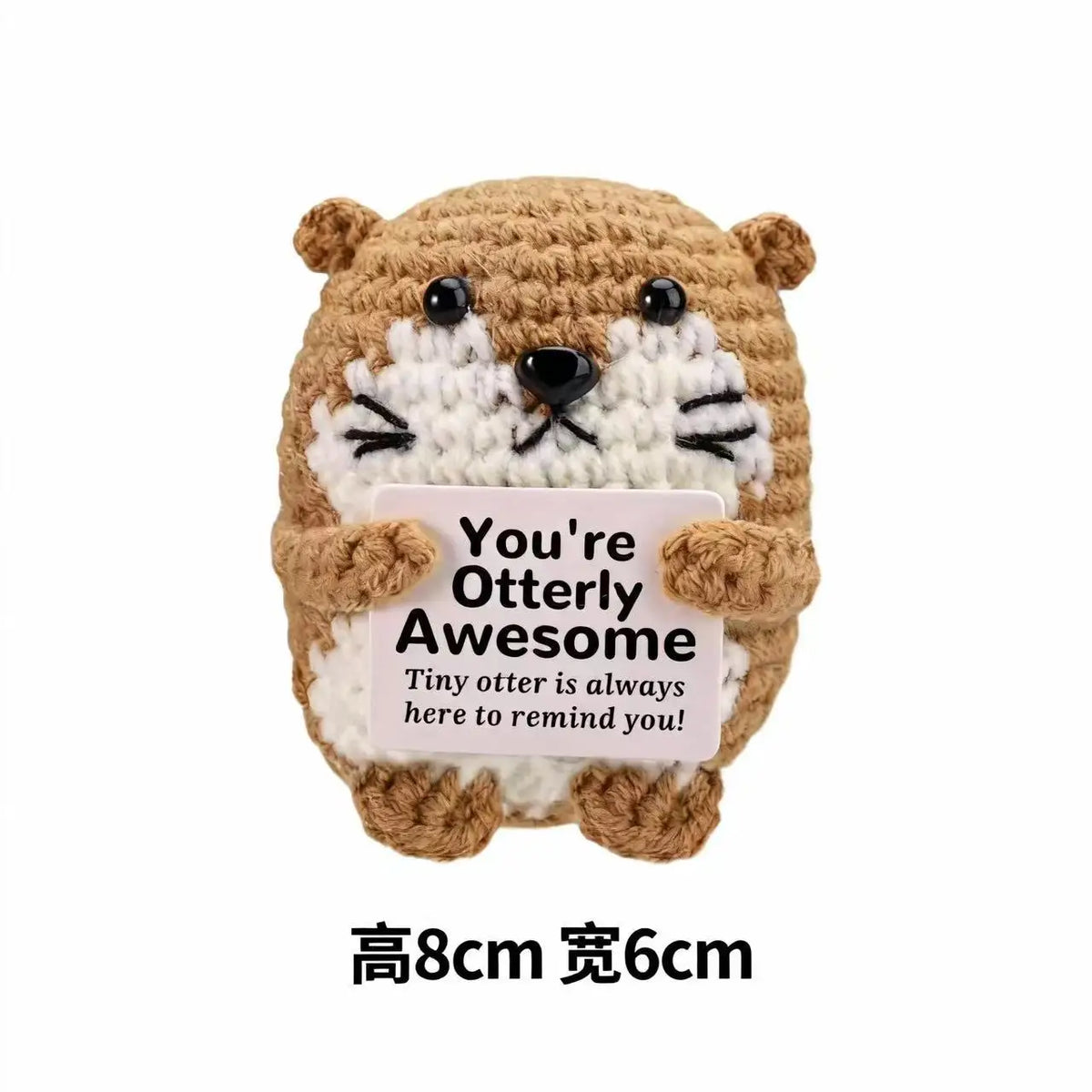 Handmade crochet bear baseball bat doll with a positivity card