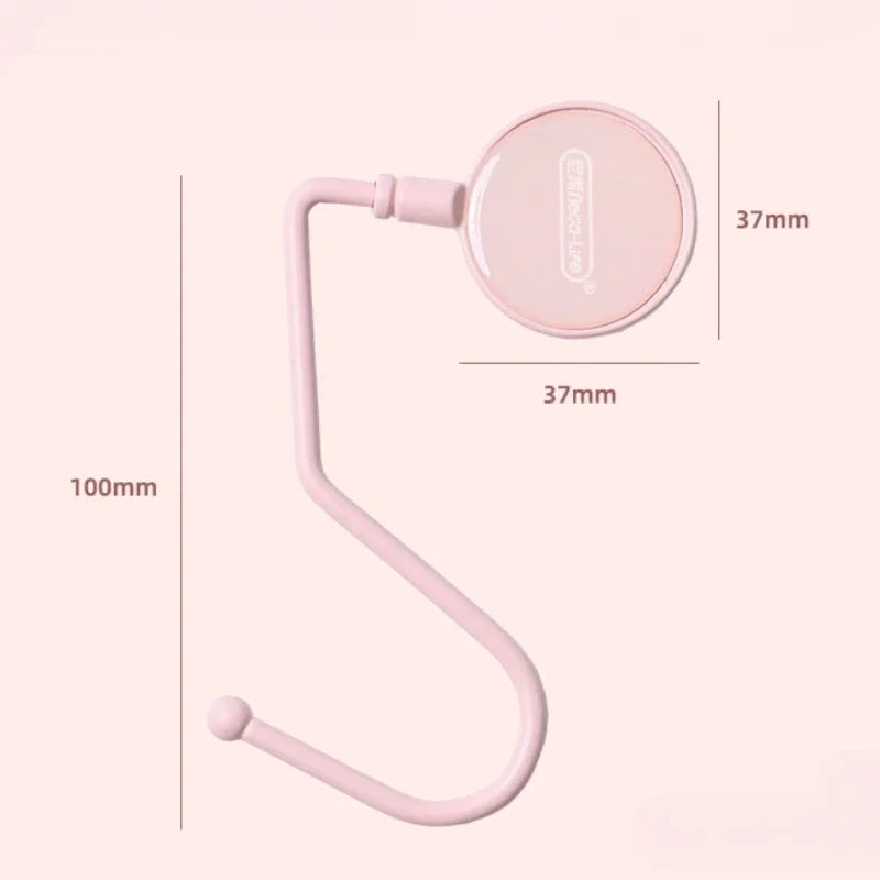 A pink heavy duty purse and bag hook with a curved arm and circular hook, shown against a light background.