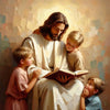 A painting depicting Jesus with a young boy and a young girl, rendered in soft, warm tones.