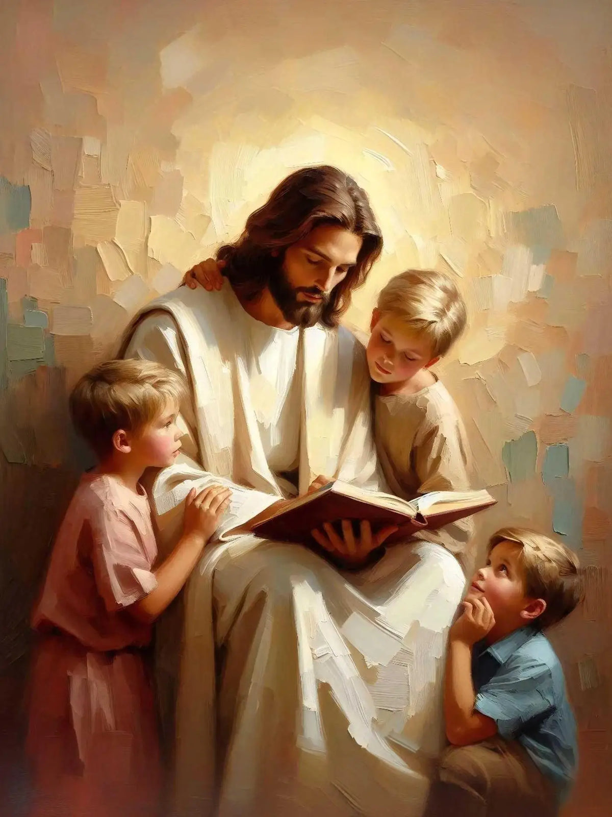 A painting depicting Jesus with a young boy and a young girl, rendered in soft, warm tones.