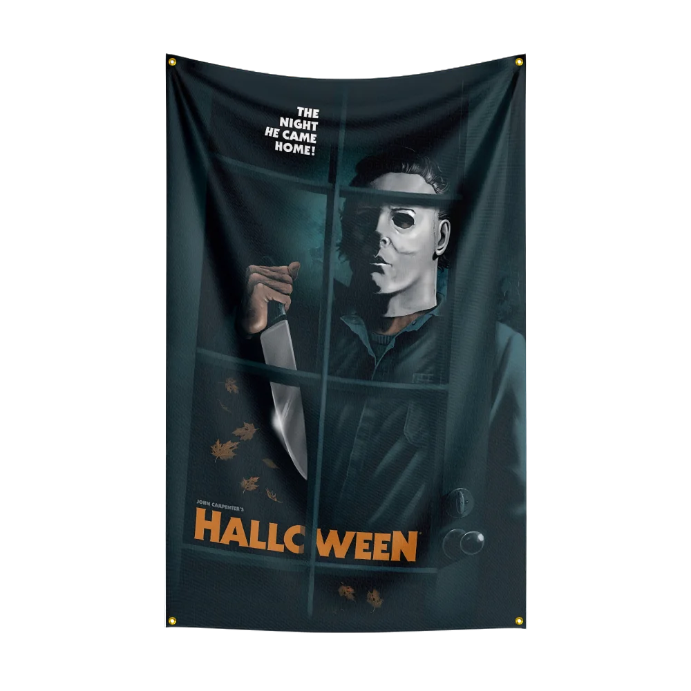 A dark banner featuring a stylized mask of Michael Myers with text that reads The Night He Came Home!
