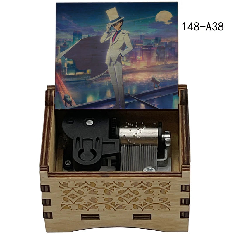 A wooden music box featuring an illustration of a detective character and internal mechanical components.