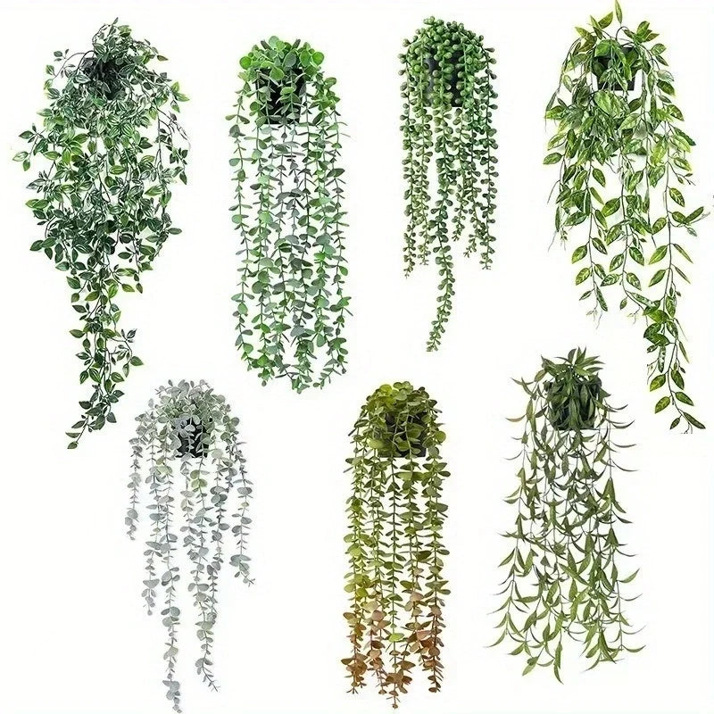 A collection of artificial hanging plants in various shades of green and gray for home decor.