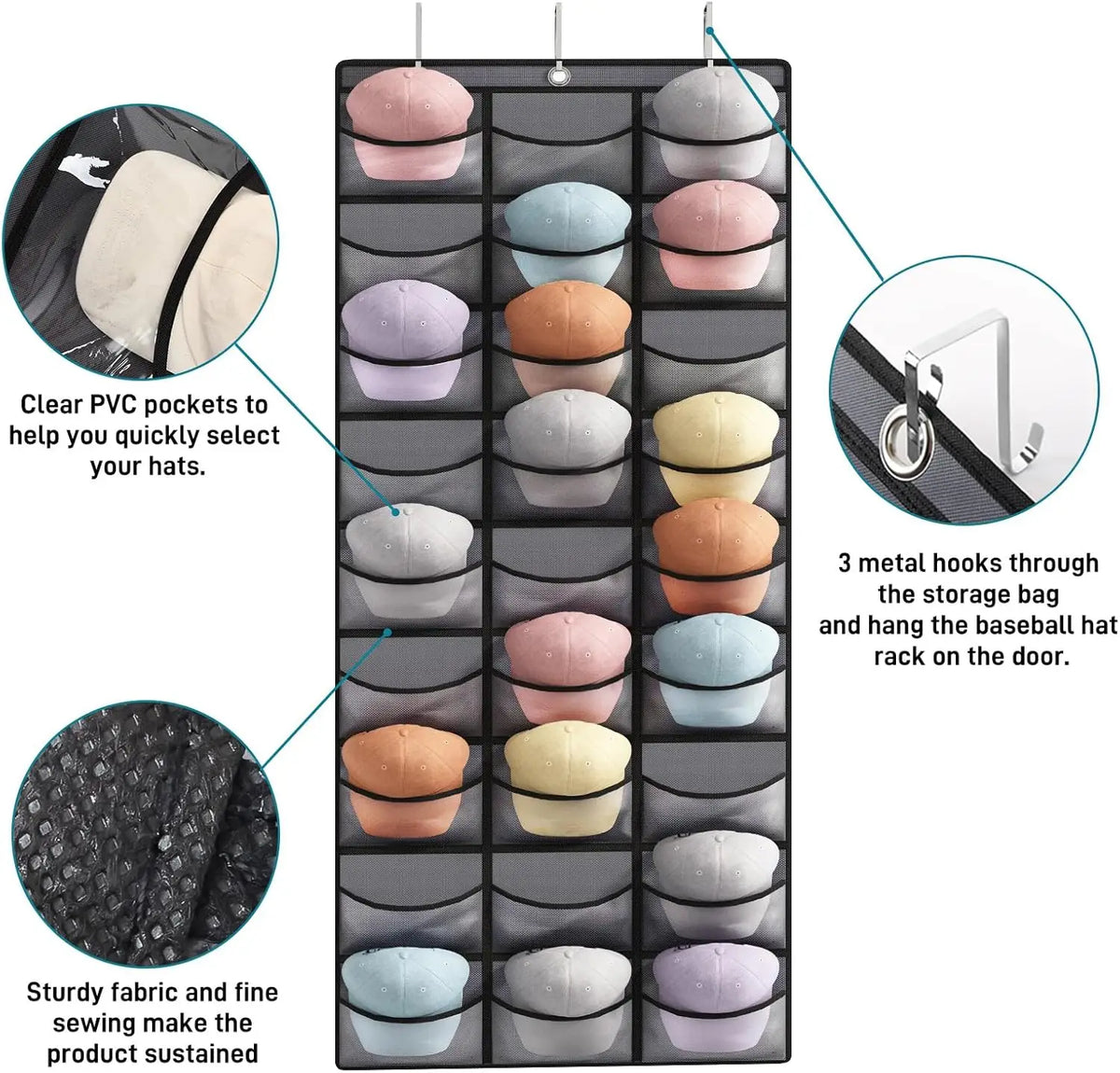 A hanging organizer with 27 clear PVC pockets for storing hats, featuring sturdy fabric and metal hooks.