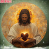 A painting of Jesus with a radiant halo holding a glowing heart against a golden background.