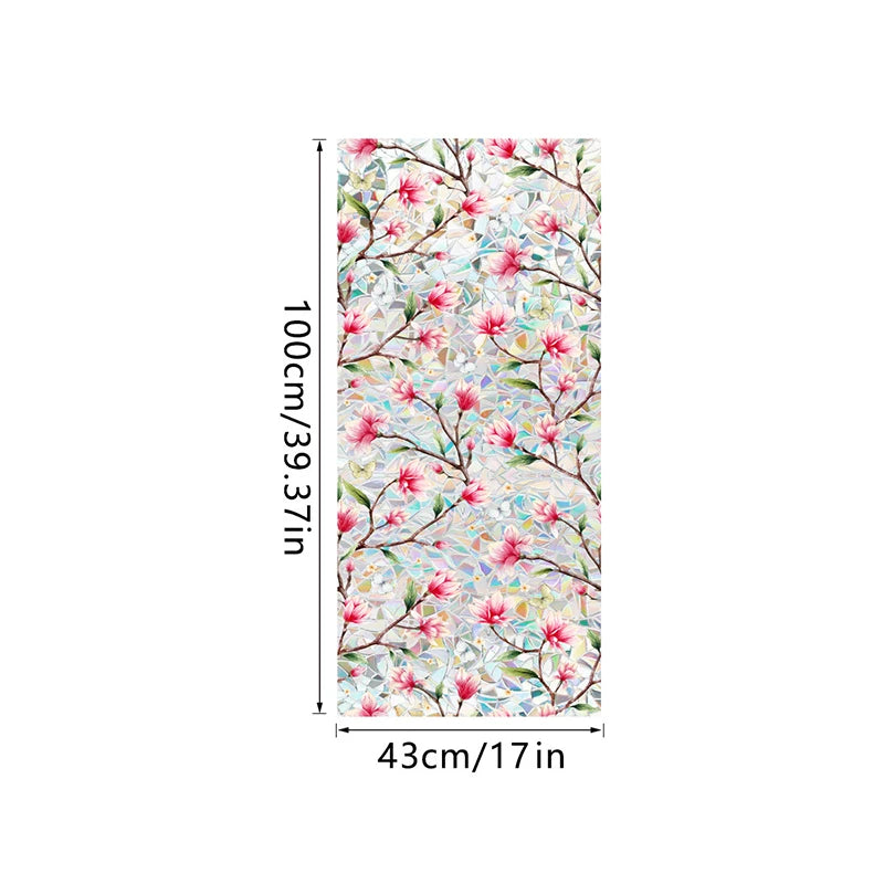Botanical print static cling window film featuring pink and green floral branches on a light background