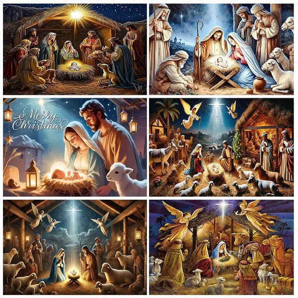 A collection of paintings depicting scenes from the Nativity, including shepherds, Mary, Joseph, and baby Jesus.