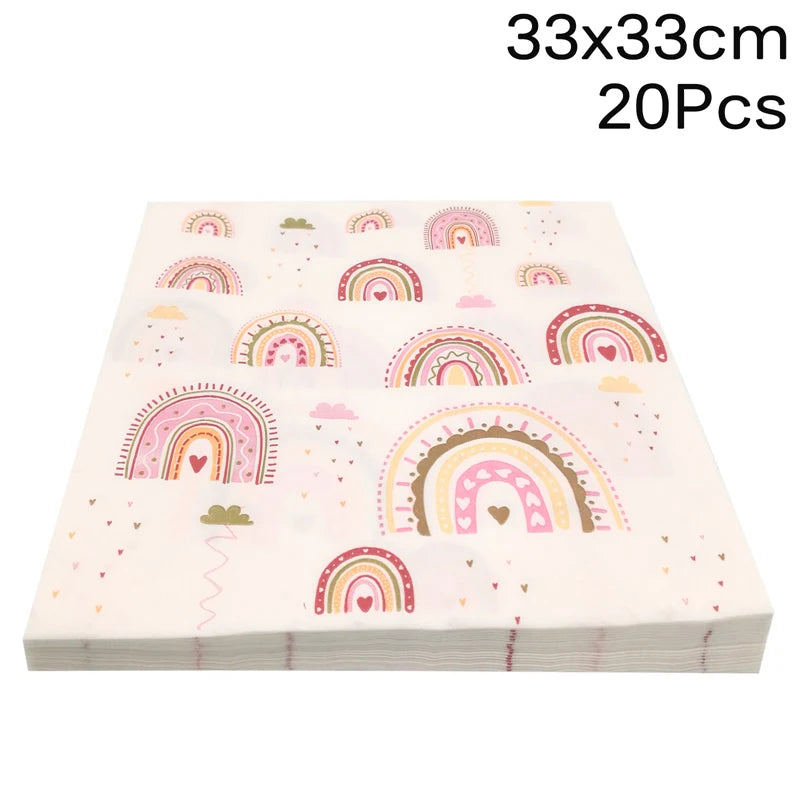 A pack of 20 pink and multicolored rainbow-themed disposable party tableware items.