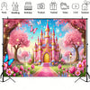 A vibrant photo backdrop featuring a pink princess castle surrounded by pink trees and blooming flowers with butterflies.