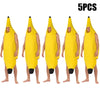 Five yellow banana costumes resembling people, suitable for kids Halloween outfits.