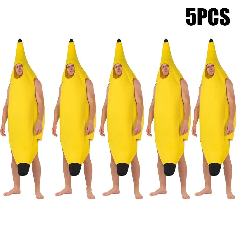 Five yellow banana costumes resembling people, suitable for kids Halloween outfits.