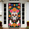 A door cover featuring a sugar skull design with colorful flowers and skulls for Dia de los Muertos