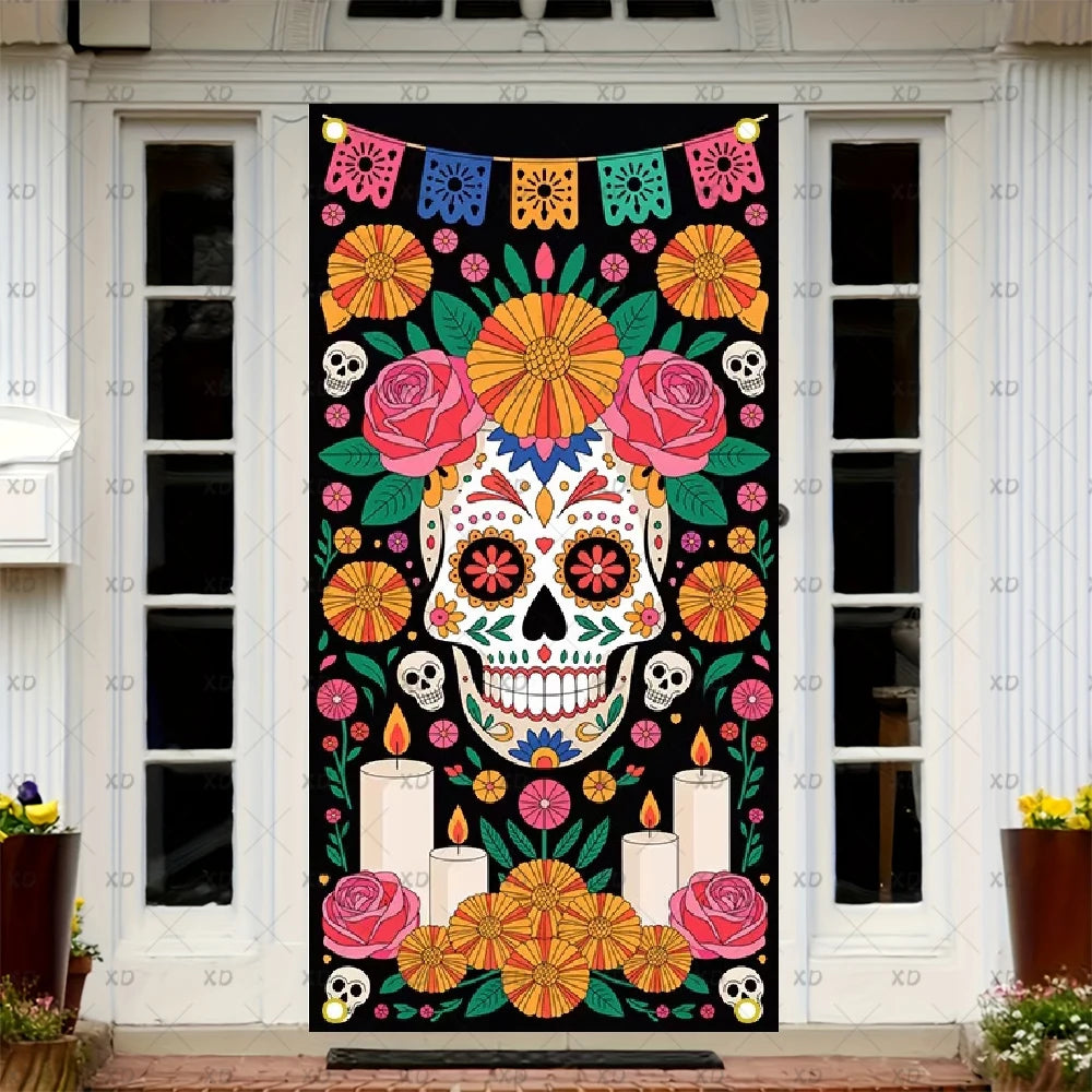 A door cover featuring a sugar skull design with colorful flowers and skulls for Dia de los Muertos