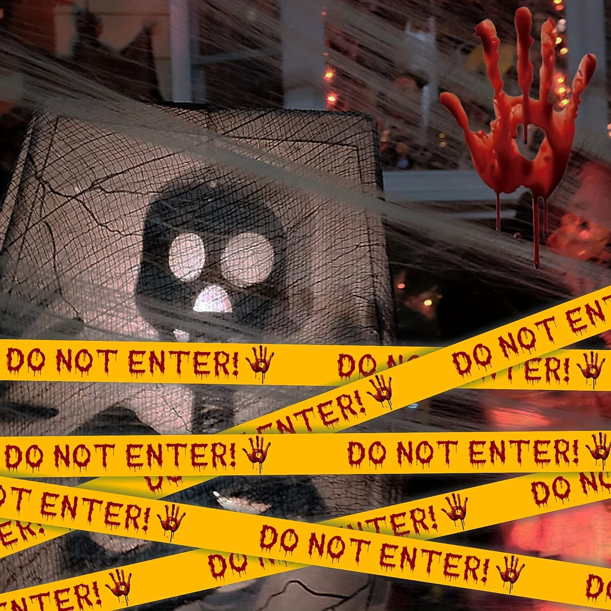 Halloween Caution Tape with Bloody Handprints