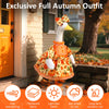 A white goose costume dress with an orange floral pattern and matching bow displayed outdoors.