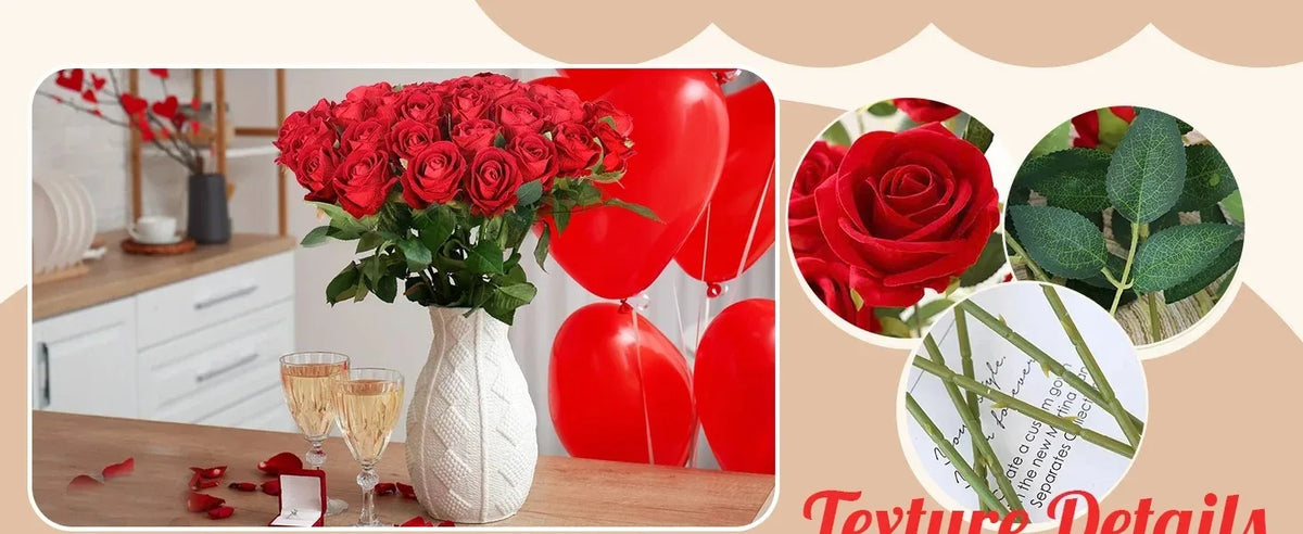 A bouquet of red velvet artificial roses with bendable stems displayed on a wooden table.