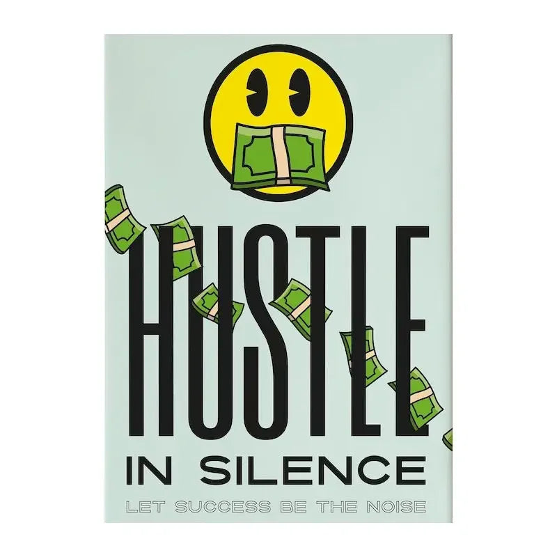 Impresión en lienzo con un icono de cara sonriente amarilla y el texto HUSTLE IN SILENCE LET SUCCESS BE THE NOISE.