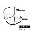 Portable folding makeup mirror with LED light showing 10x detail and 1x full view in three colors