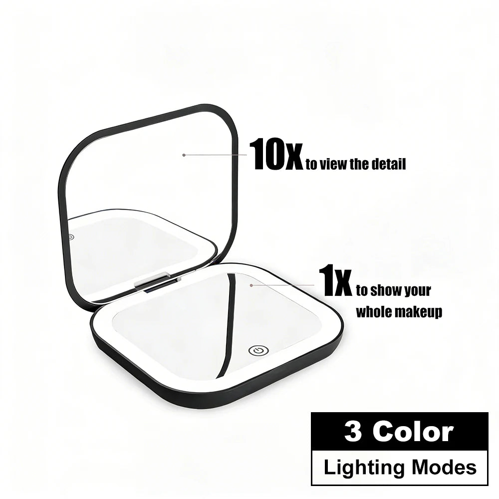 Portable folding makeup mirror with LED light showing 10x detail and 1x full view in three colors