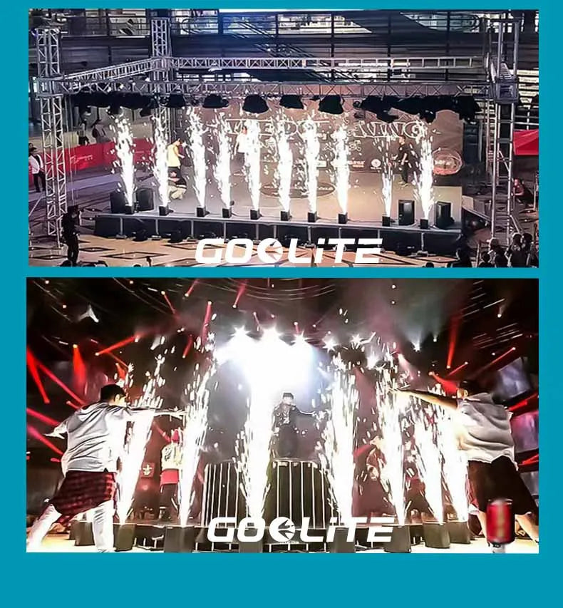 A stage performance featuring a cold spark machine creating bright white plumes of sparks against a dark background.