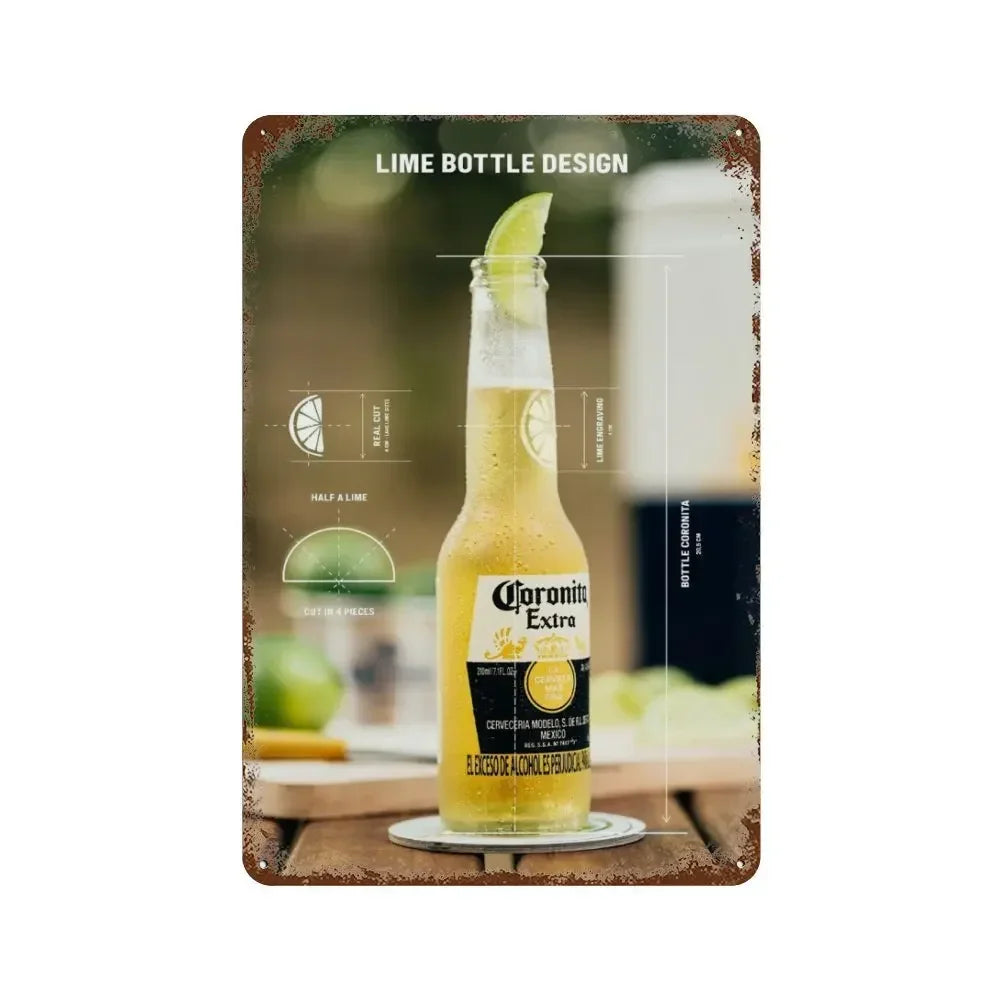 Lime bottle design featuring a yellow-green beverage in a glass on a wooden surface.