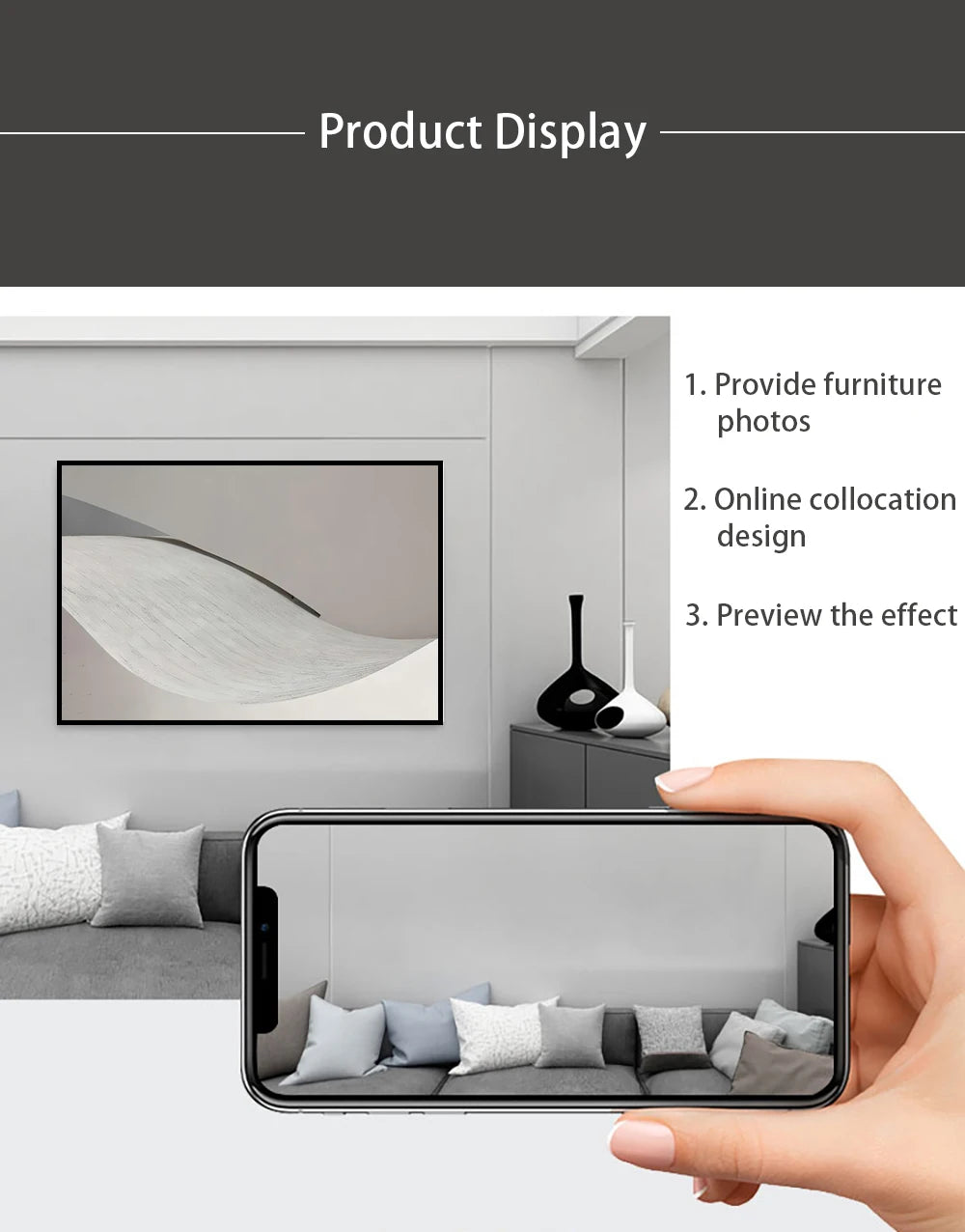 A hand holds a smartphone displaying an online collocation design preview for abstract feminist fruit canvas wall art.