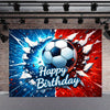 A soccer ball is centered against a vibrant background with explosive blue and red light effects for a birthday celebration b