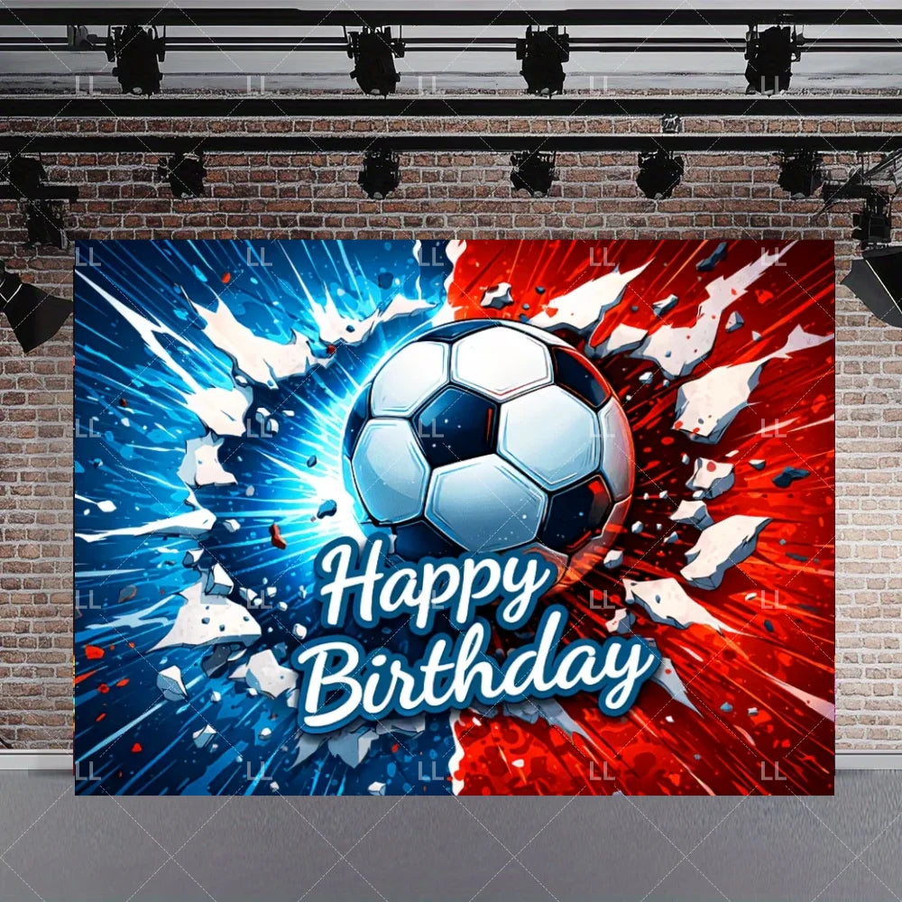 A soccer ball is centered against a vibrant background with explosive blue and red light effects for a birthday celebration b