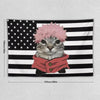 A tapestry featuring a stylized cat character with pink hair wearing a red jacket against an American flag background.
