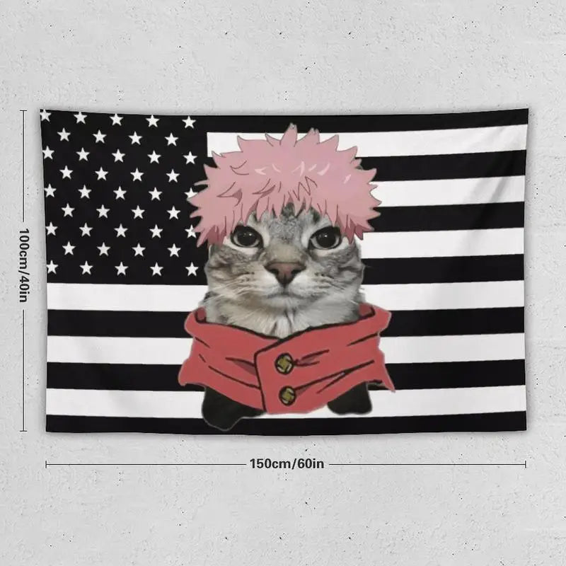 A tapestry featuring a stylized cat character with pink hair wearing a red jacket against an American flag background.
