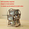 A vintage resin rotating photo frame with multiple photo slots is displayed on a wooden surface.