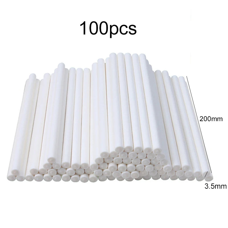 A collection of 100 white paper lollipop sticks with tie closures arranged in a fan shape.