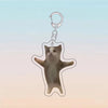 A clear acrylic keychain featuring a silhouette of a cat in a happy pose.