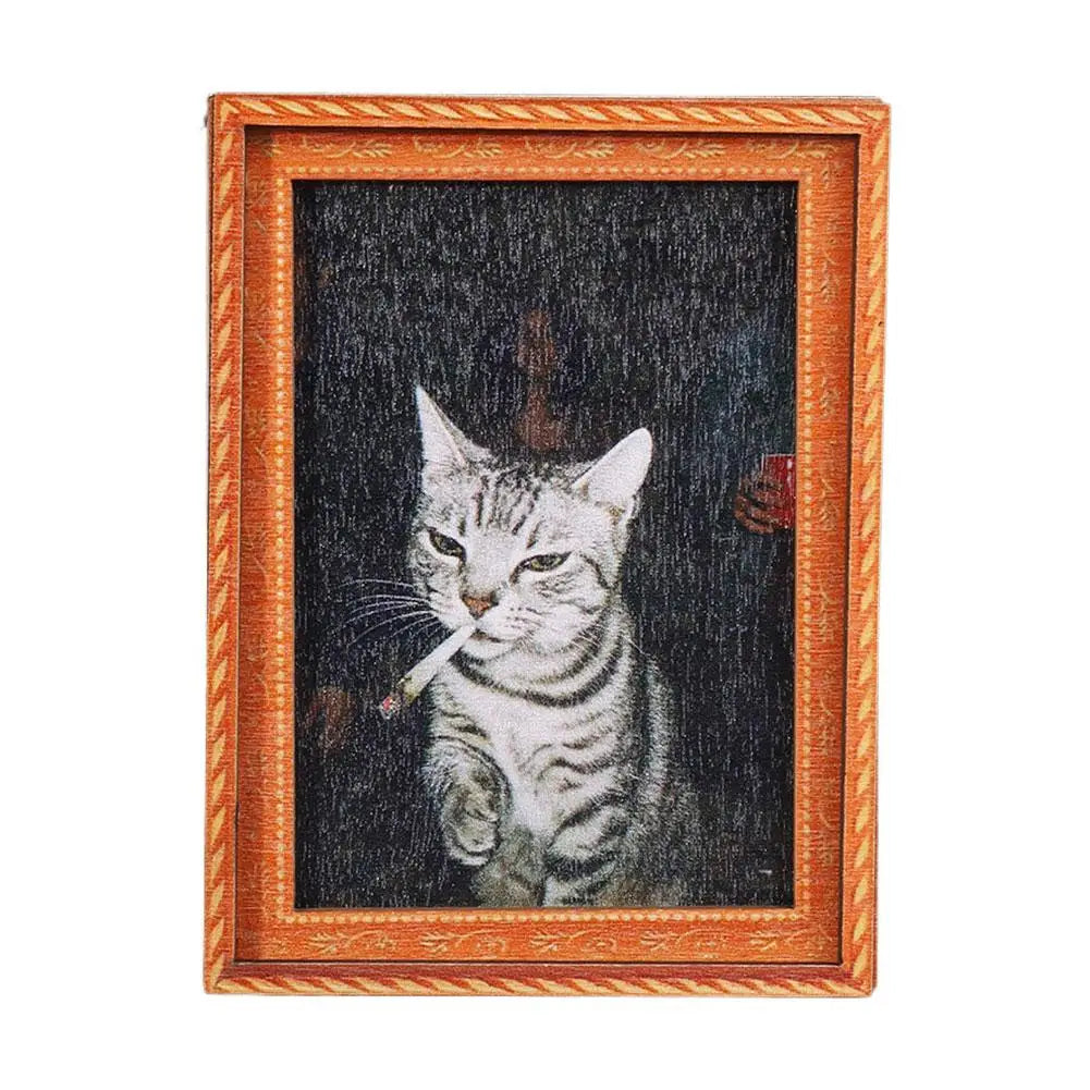 A framed charcoal drawing of a cat smoking a cigarette, suitable for a fridge magnet.