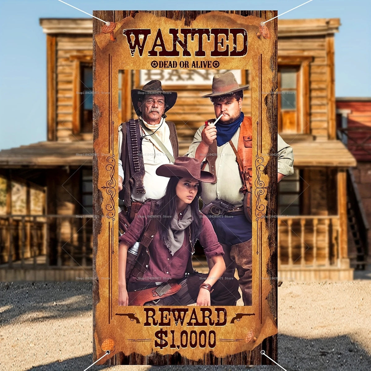 A wooden sign prop featuring a wanted poster design with a man and a woman, framed by rustic wood.
