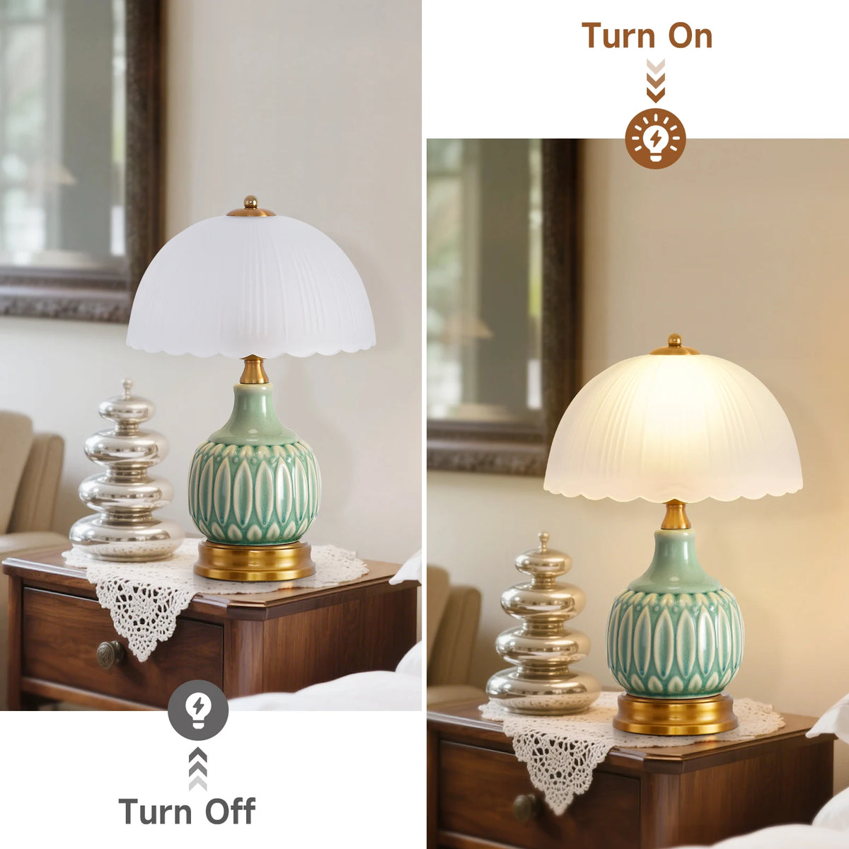 A ceramic table lamp with a pale green crackle glaze and a white shade sitting on a wooden cabinet.