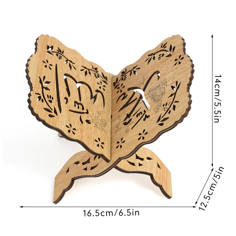 Elegant wooden book stand carved with Islamic patterns for holding Quran and holy books