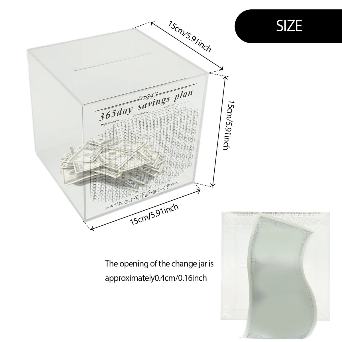 Clear acrylic savings box with a 365-day savings plan displayed on the side.