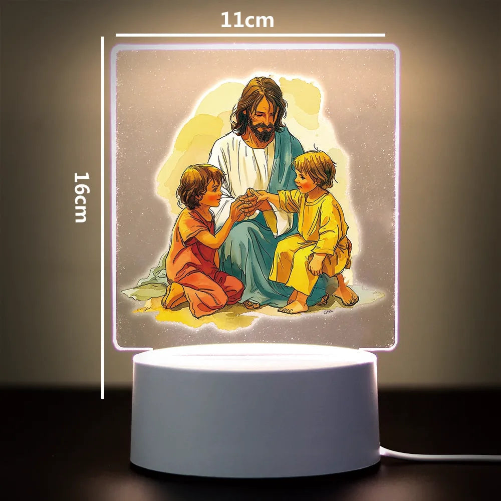 A 3D LED night light featuring a scene of Jesus with children, illuminated by a soft glow.