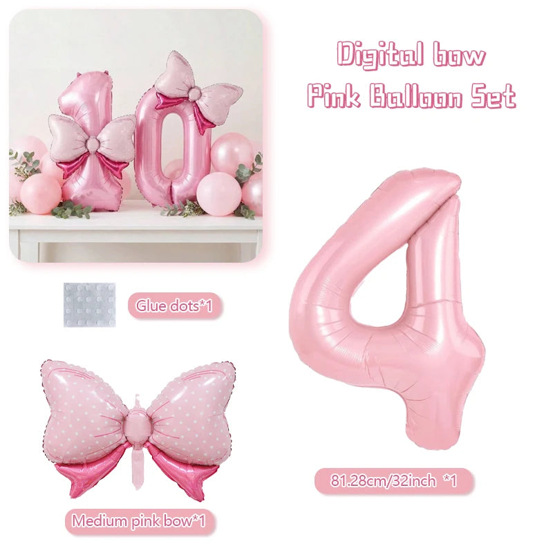 Pink balloon set featuring a large pink number balloon and medium pink bow decorations